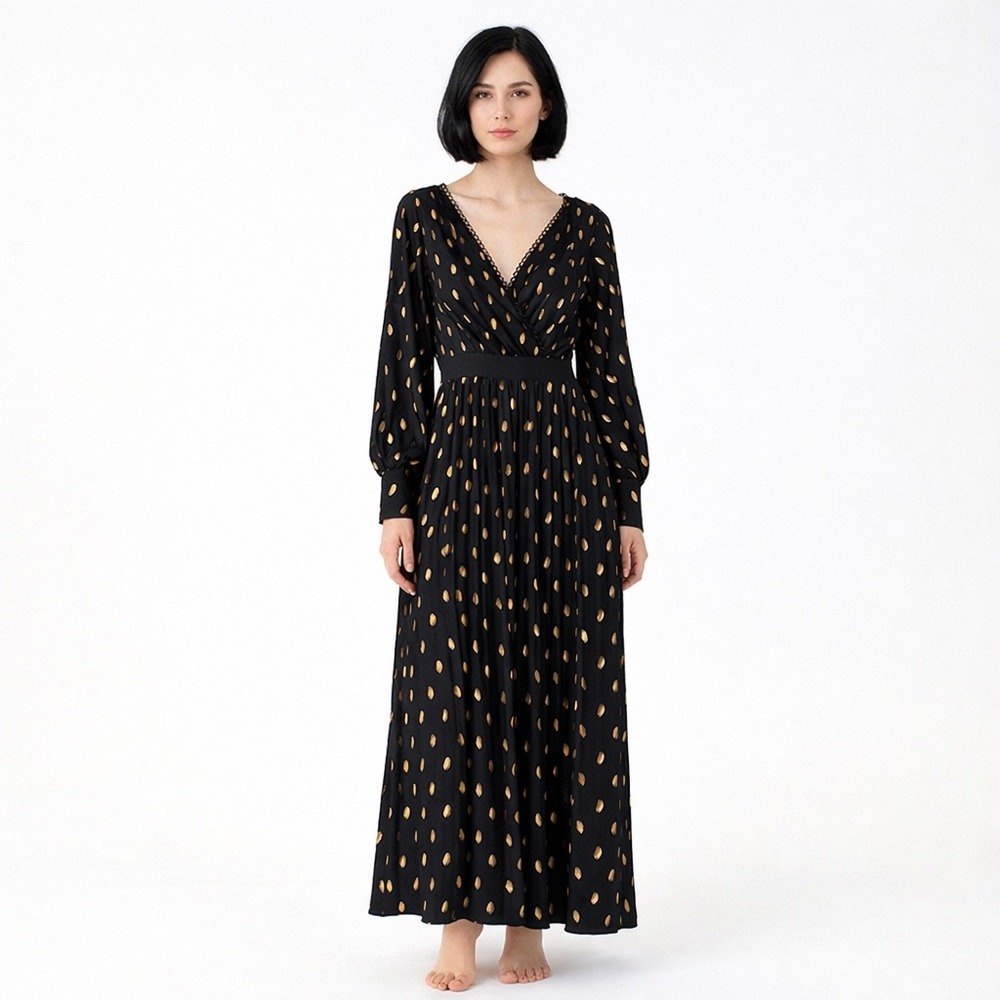 Little Mistress Black & Gold Foil Leaf Pleated Maxi Dress UK 8 US 4 NWTโ